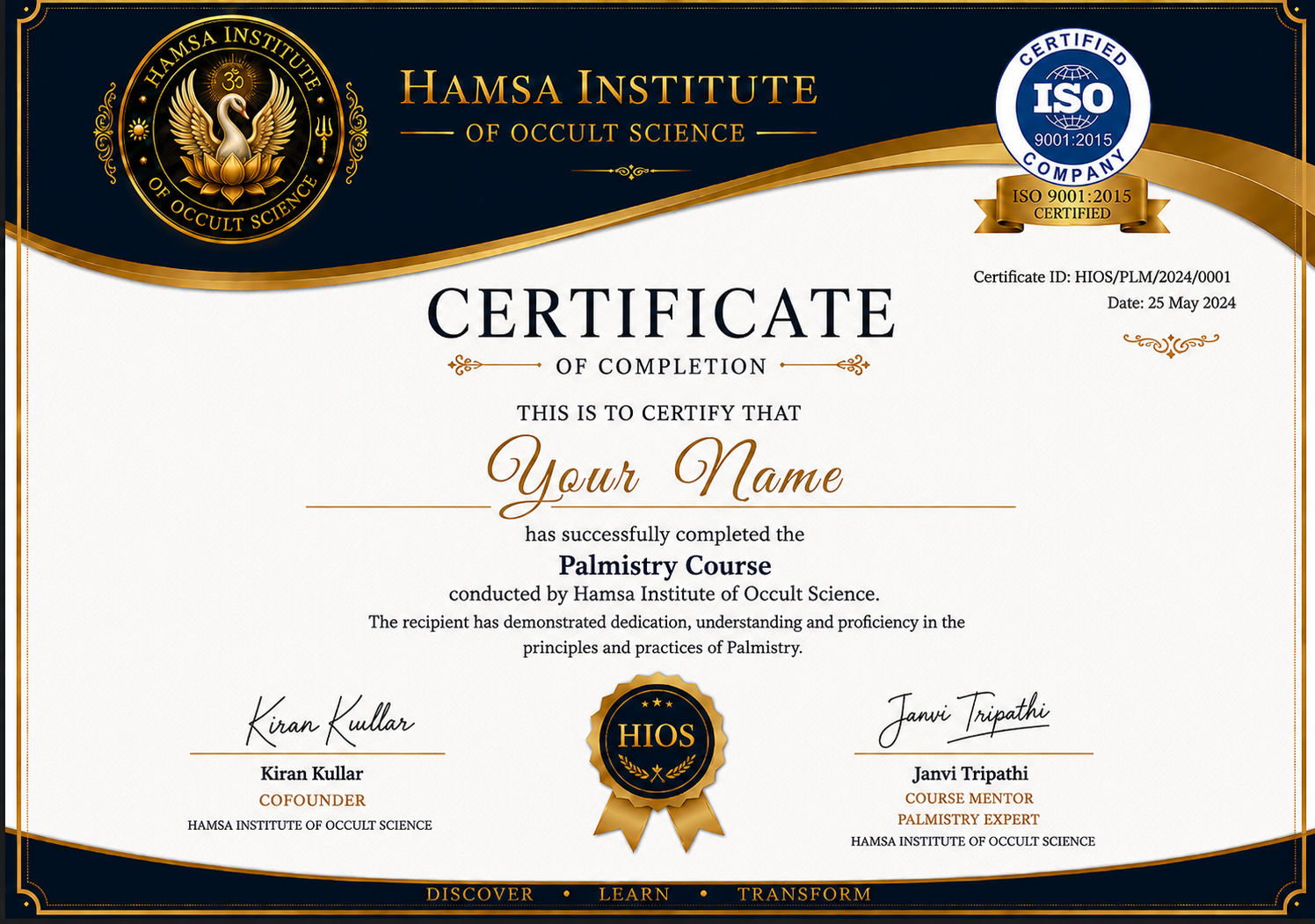 Vedic Astrology — Certificate of Completion, Hamsa Institute of Occult Science